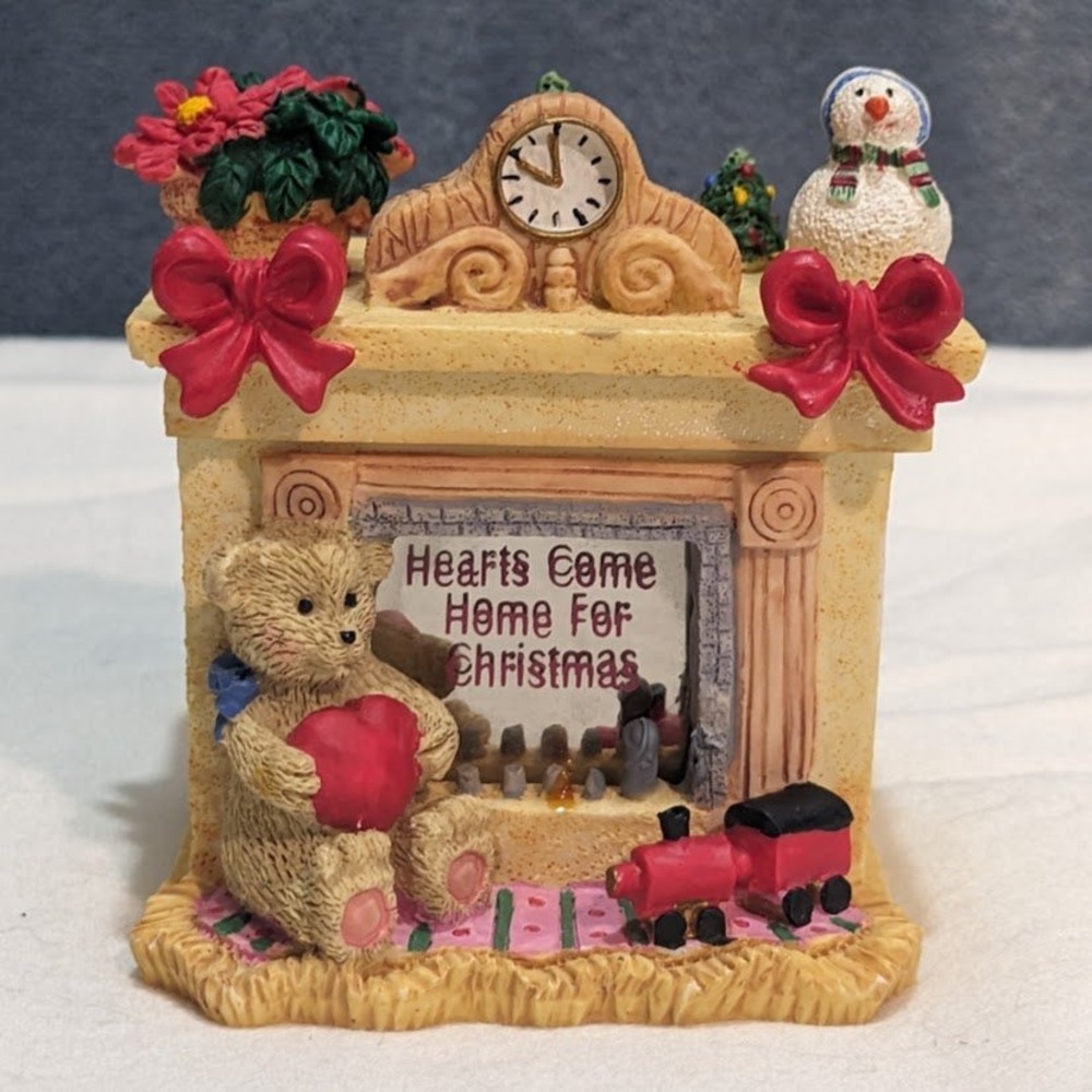 Vtg Cheerful Reflections Christmas Fireplace Trinket Box Hearts Come Home Teddy